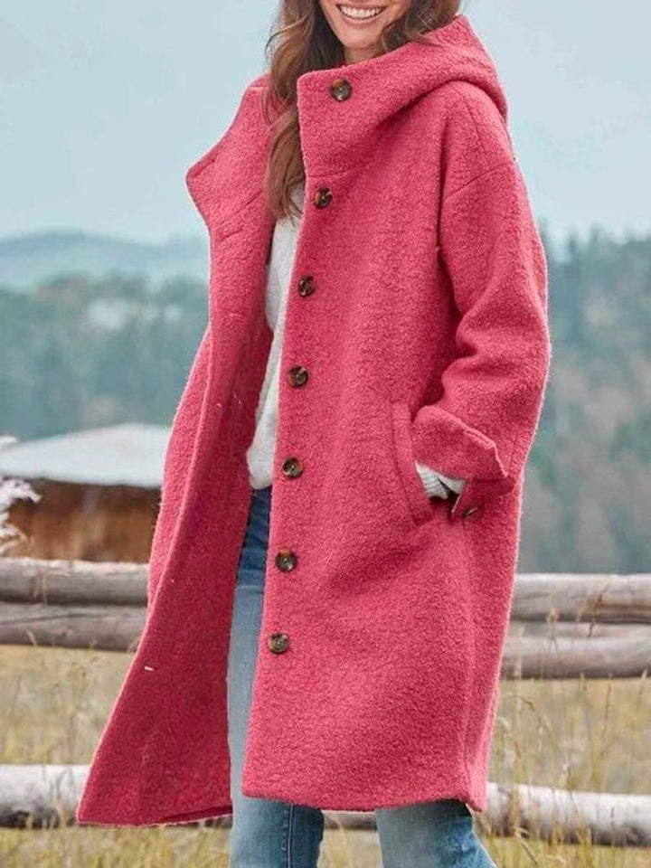 Damen Fleece Mantel mit Kapuze Langarm Knopfleiste Women Coat - Rosa