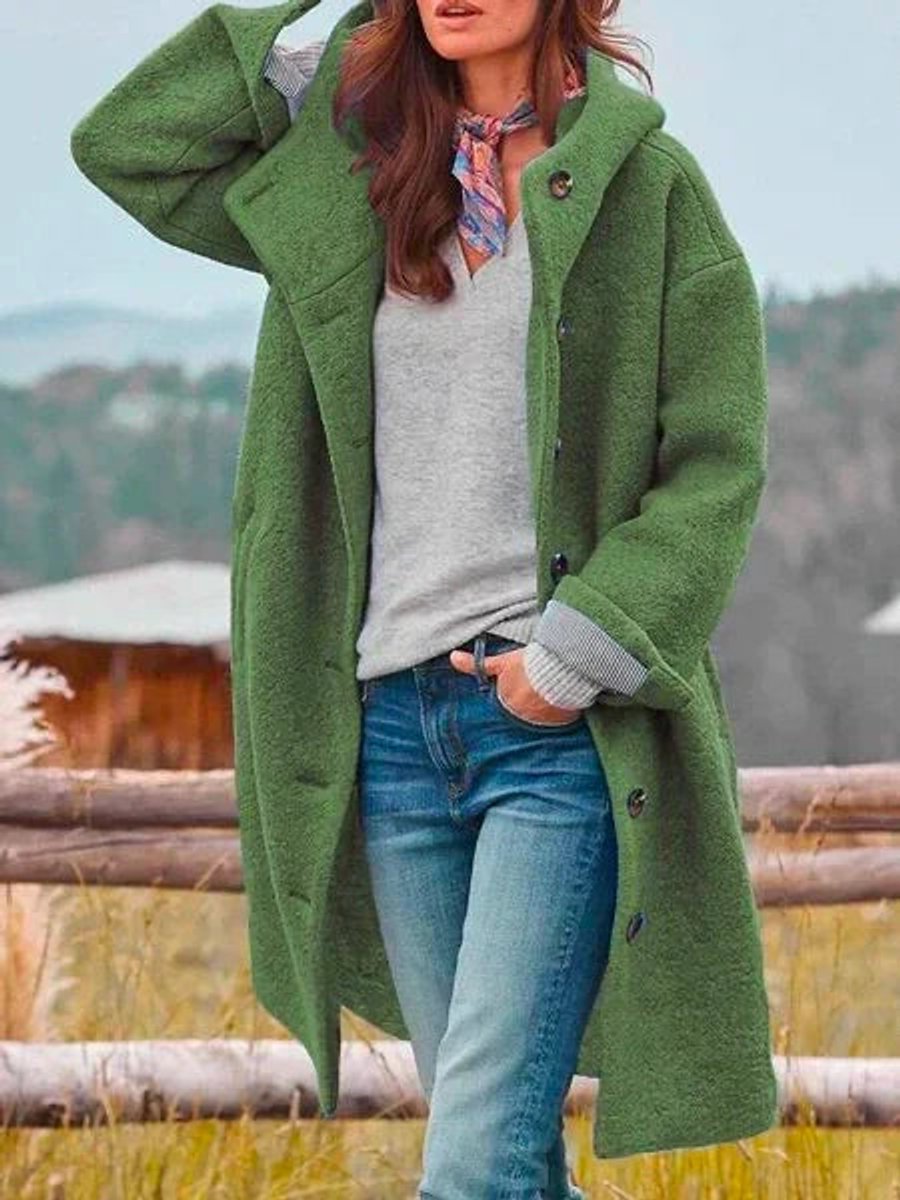 Damen Fleece Mantel mit Kapuze Langarm Knopfleiste Women Coat - Dunkelgrün
