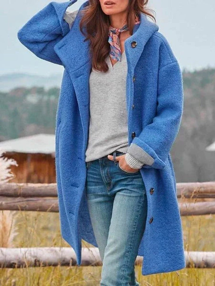 Damen Fleece Mantel mit Kapuze Langarm Knopfleiste Women Coat - Blau