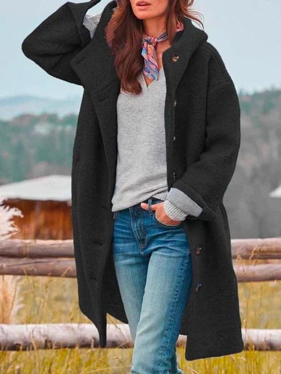 Damen Fleece Mantel mit Kapuze Langarm Knopfleiste Women Coat - Schwarz