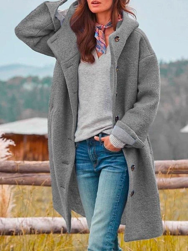 Damen Fleece Mantel mit Kapuze Langarm Knopfleiste Women Coat - Grau