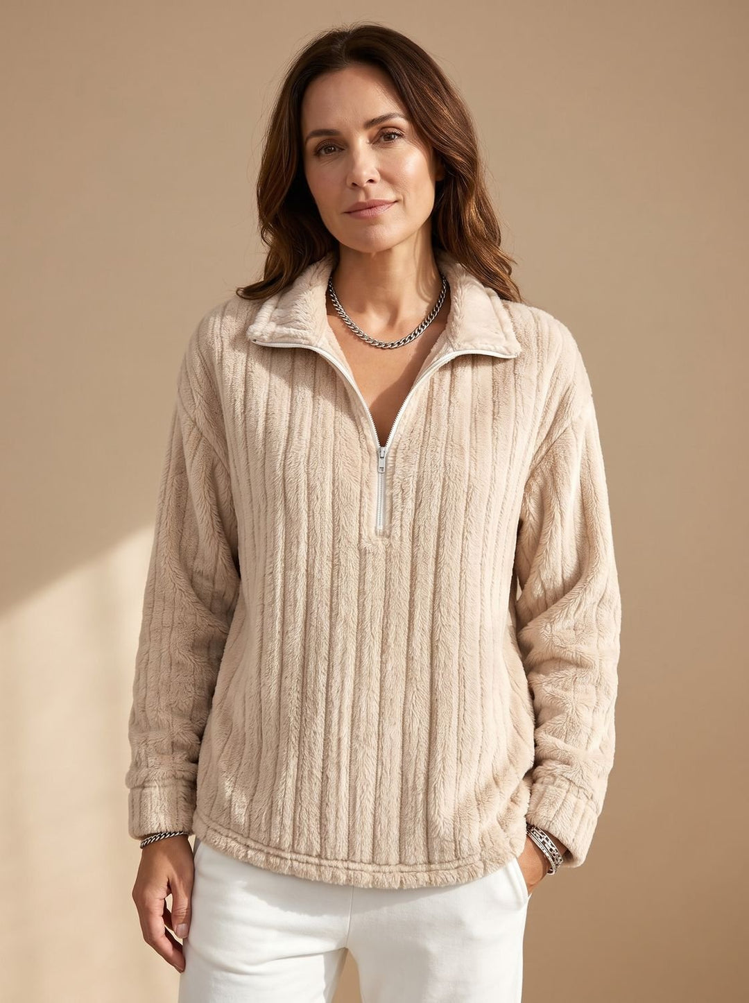 Damen Fleece Pullover Half-Zip Gerippter Plüsch-Sweater - Aprikose