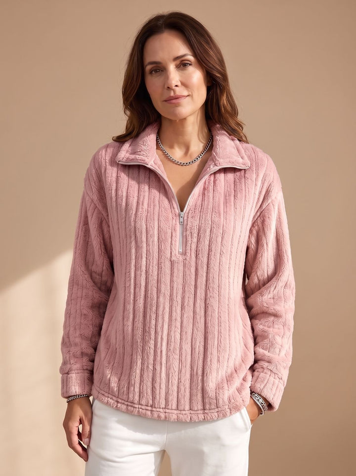 Damen Fleece Pullover Half-Zip Gerippter Plüsch-Sweater - Rosa