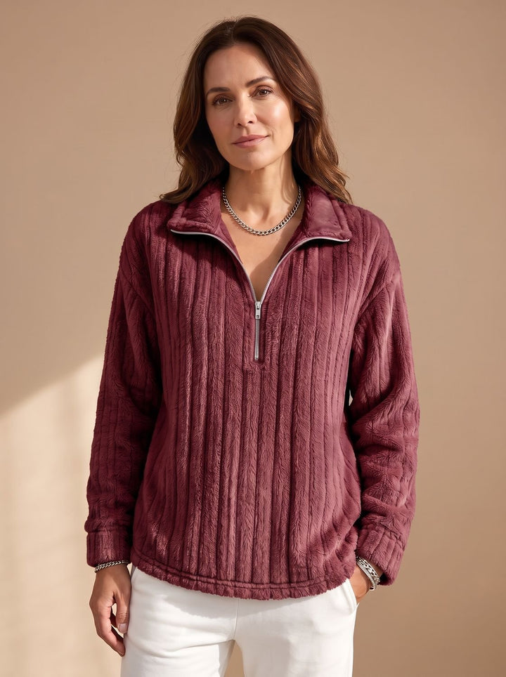 Damen Fleece Pullover Half-Zip Gerippter Plüsch-Sweater - Rot