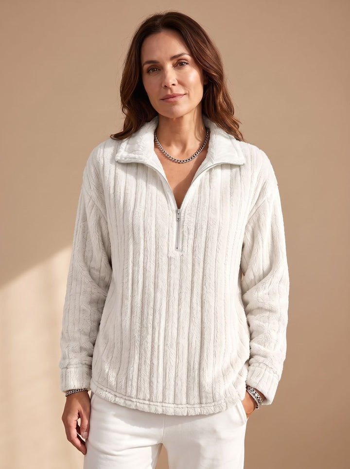 Damen Fleece Pullover Half-Zip Gerippter Plüsch-Sweater - Weiß