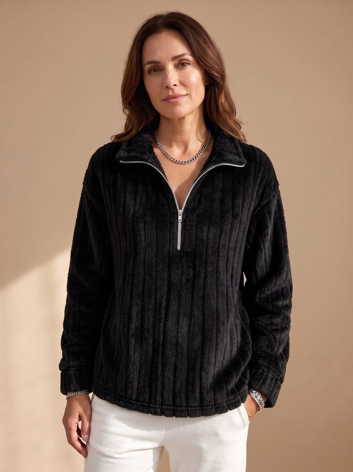 Damen Fleece Pullover Half-Zip Gerippter Plüsch-Sweater - Schwarz