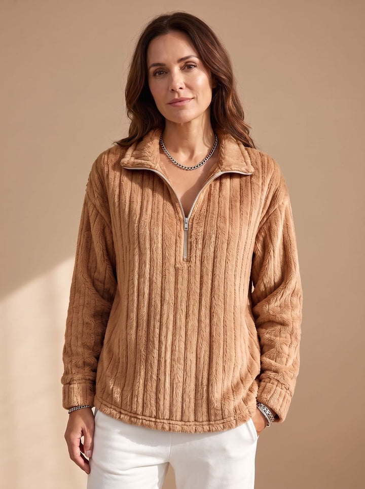 Damen Fleece Pullover Half-Zip Gerippter Plüsch-Sweater - Hellbraun