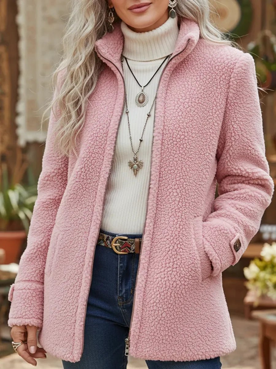 Damen Fleece Women Coat Stehkragen Reißverschluss Lammwoll-Optik - Rosa