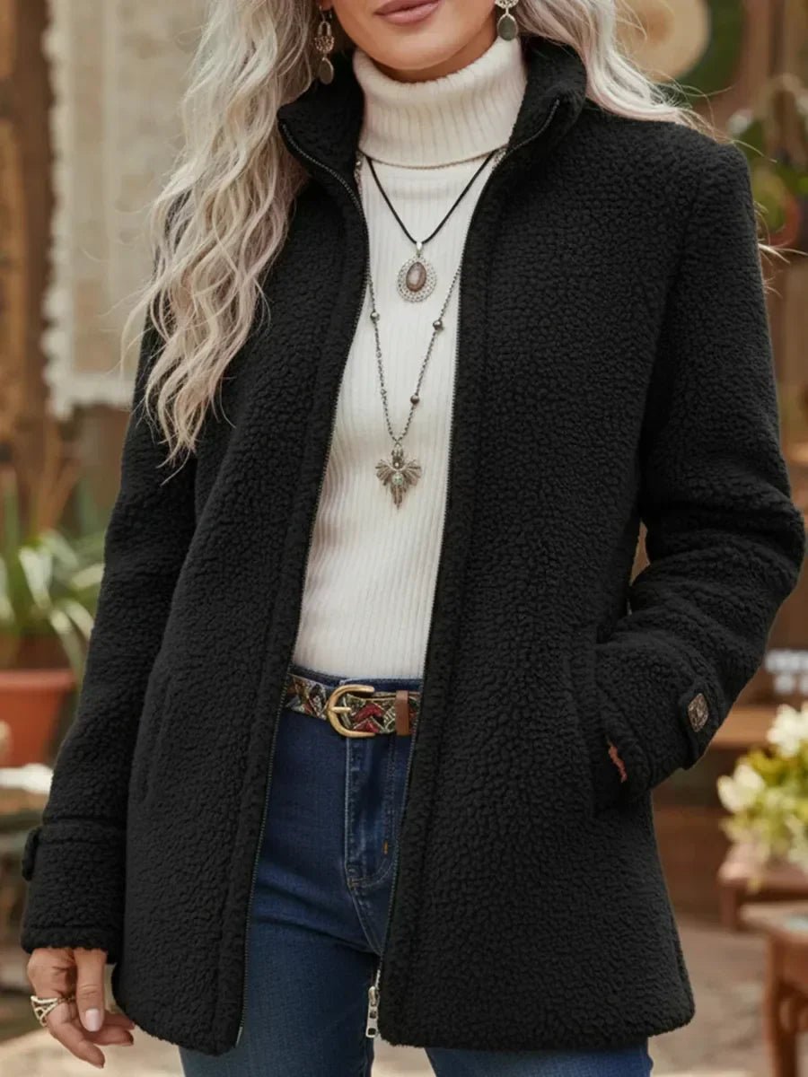 Damen Fleece Women Coat Stehkragen Reißverschluss Lammwoll-Optik - Schwarz