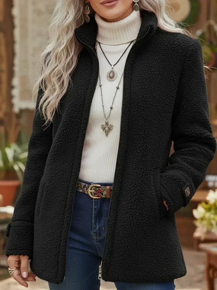 Damen Fleece Women Coat Stehkragen Reißverschluss Lammwoll-Optik - Schwarz