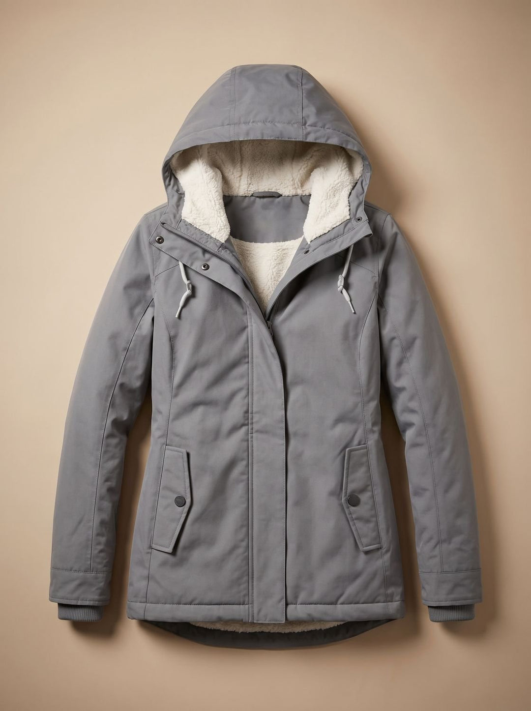 Damen Fleecegefütterte Wasserdichte Kapuzenjacke mit Reißverschluss - Grau