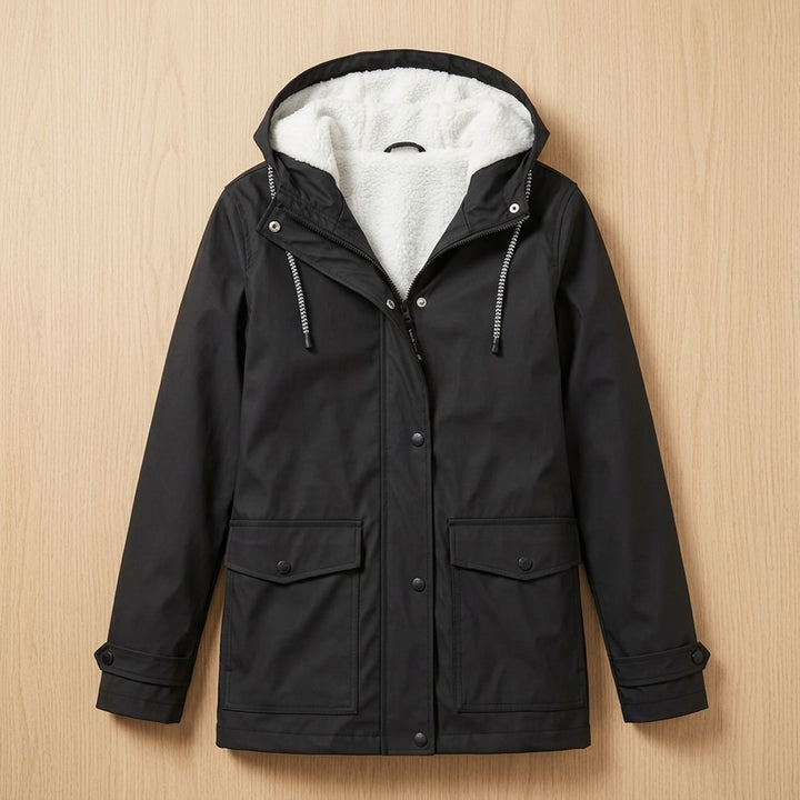 Damen Fleecegefütterte Wasserdichte Outdoor-Jacke mit Kapuze - Schwarz