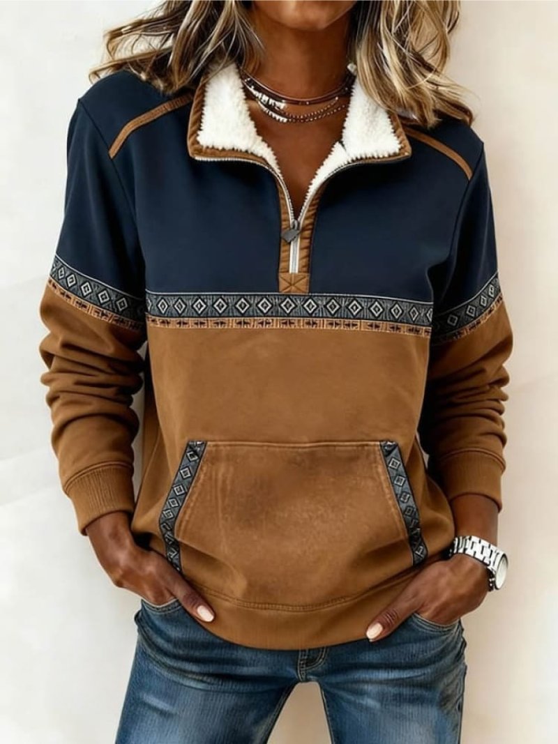 Damen Fleecekragen Colorblock Halbzip Pullover Sweatshirt - Multi-colored