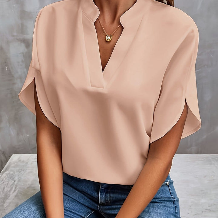 Damen Fließende V-Ausschnitt Bluse mit Weiten Ärmeln - Beige