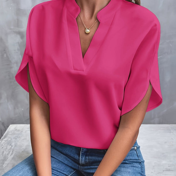 Damen Fließende V-Ausschnitt Bluse mit Weiten Ärmeln - Rosa