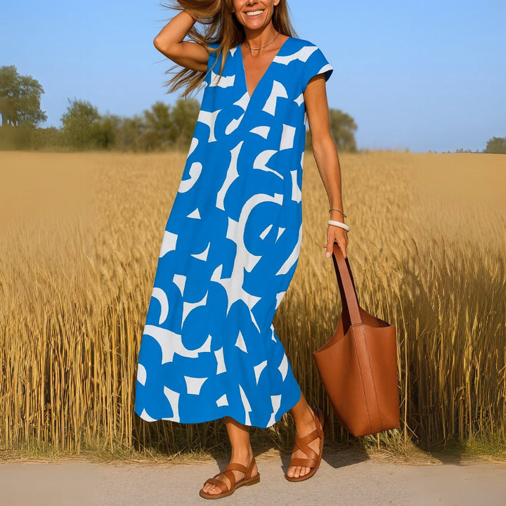 Damen Fließendes Bedrucktes V-Ausschnitt Maxi Kleid - Blau