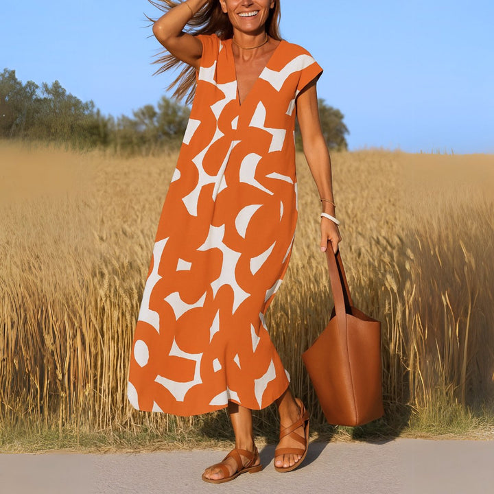 Damen Fließendes Bedrucktes V-Ausschnitt Maxi Kleid - Orange