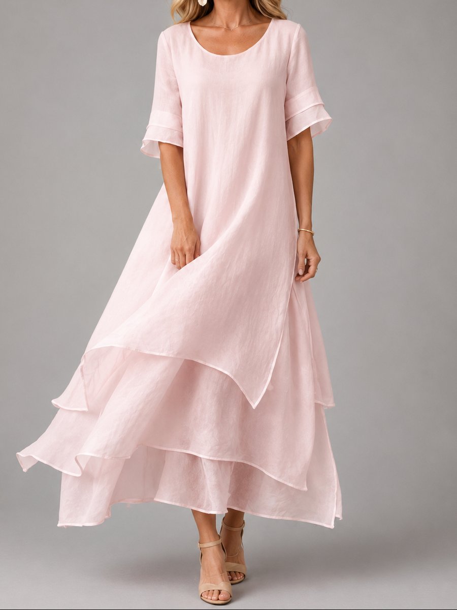 Damen Fließendes Lagen-Maxikleid Lockerer Schnitt Kurzarm - Rosa