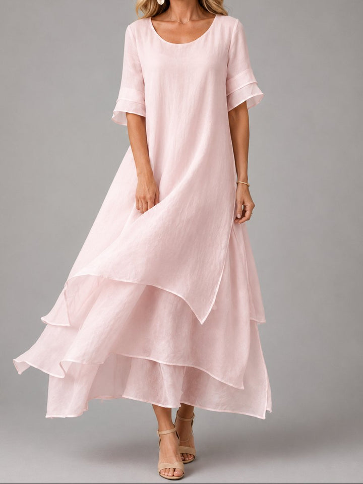 Damen Fließendes Lagen-Maxikleid Lockerer Schnitt Kurzarm - Rosa
