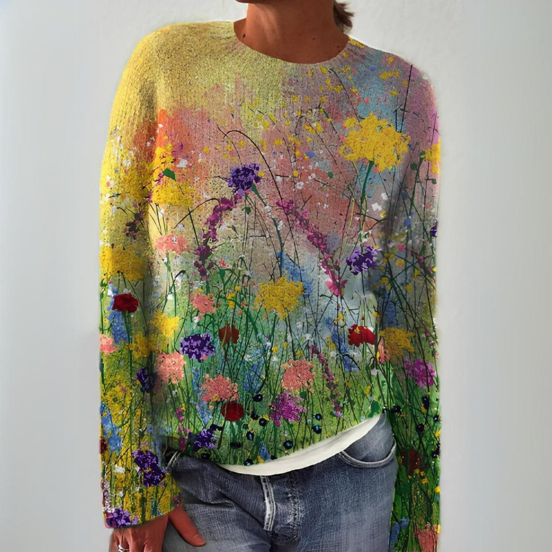 Damen Floraler Langarm Knit Sweater mit Kunstblumen-Print - Mehrfarbig