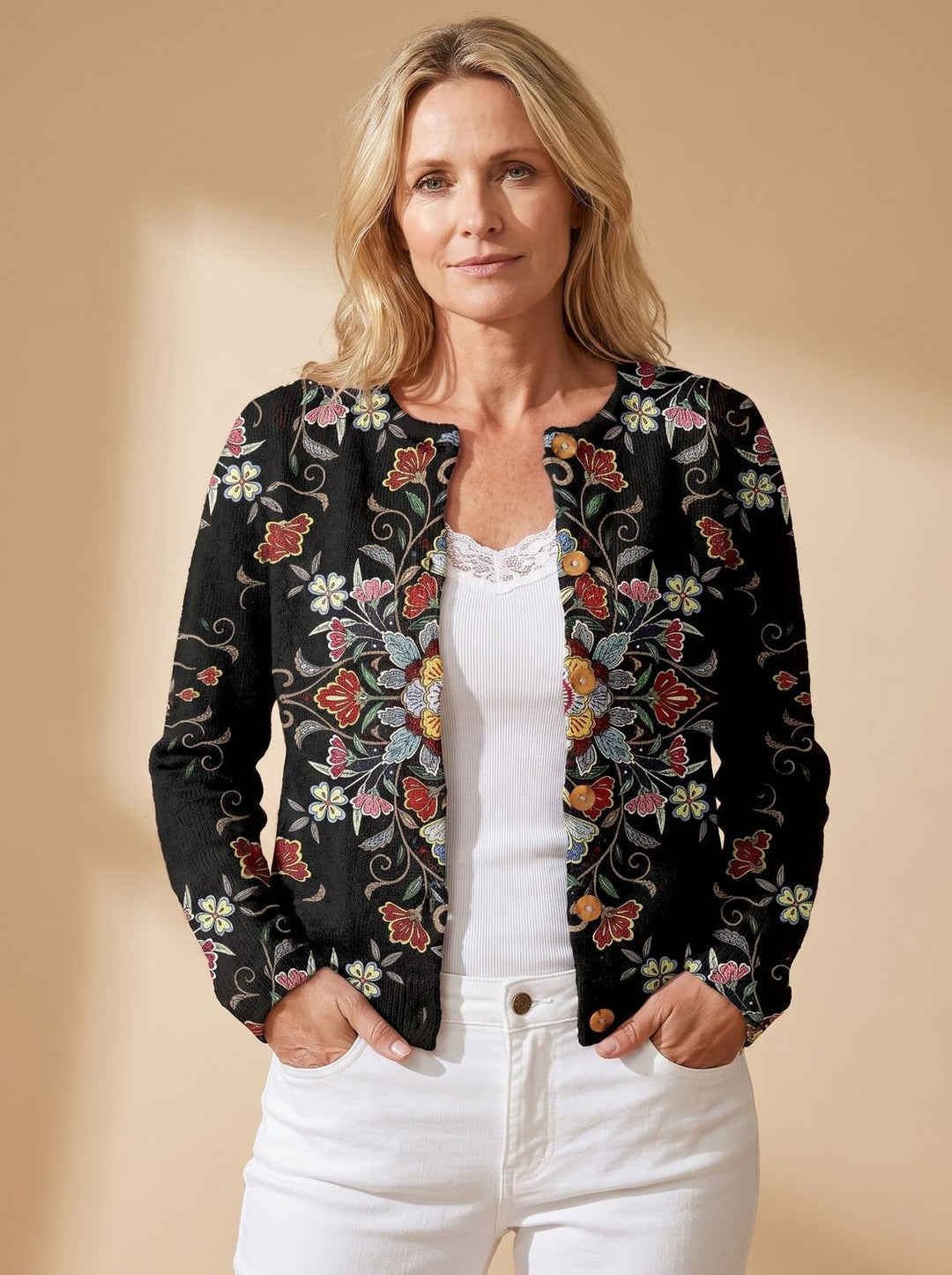 Damen Floraler Langarm-Strickjacke mit Knopfleiste und Rundhalsausschnitt - Schwarz