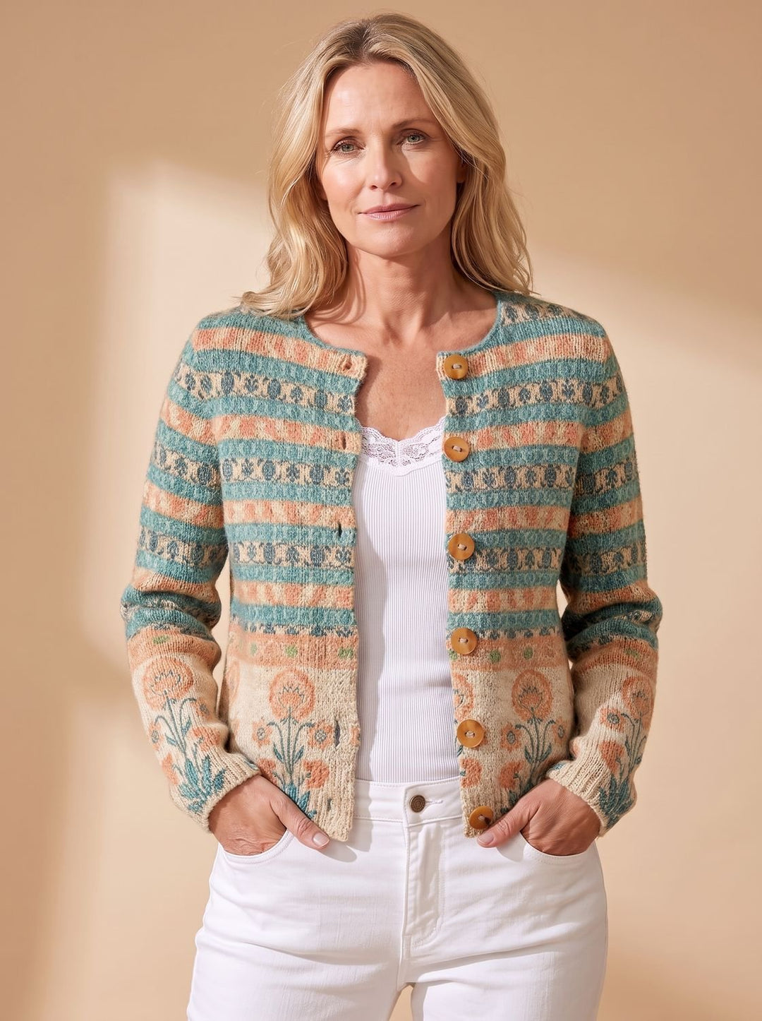 Damen Floraler Langarm-Strickjacke mit Knopfleiste und Rundhalsausschnitt - Grün