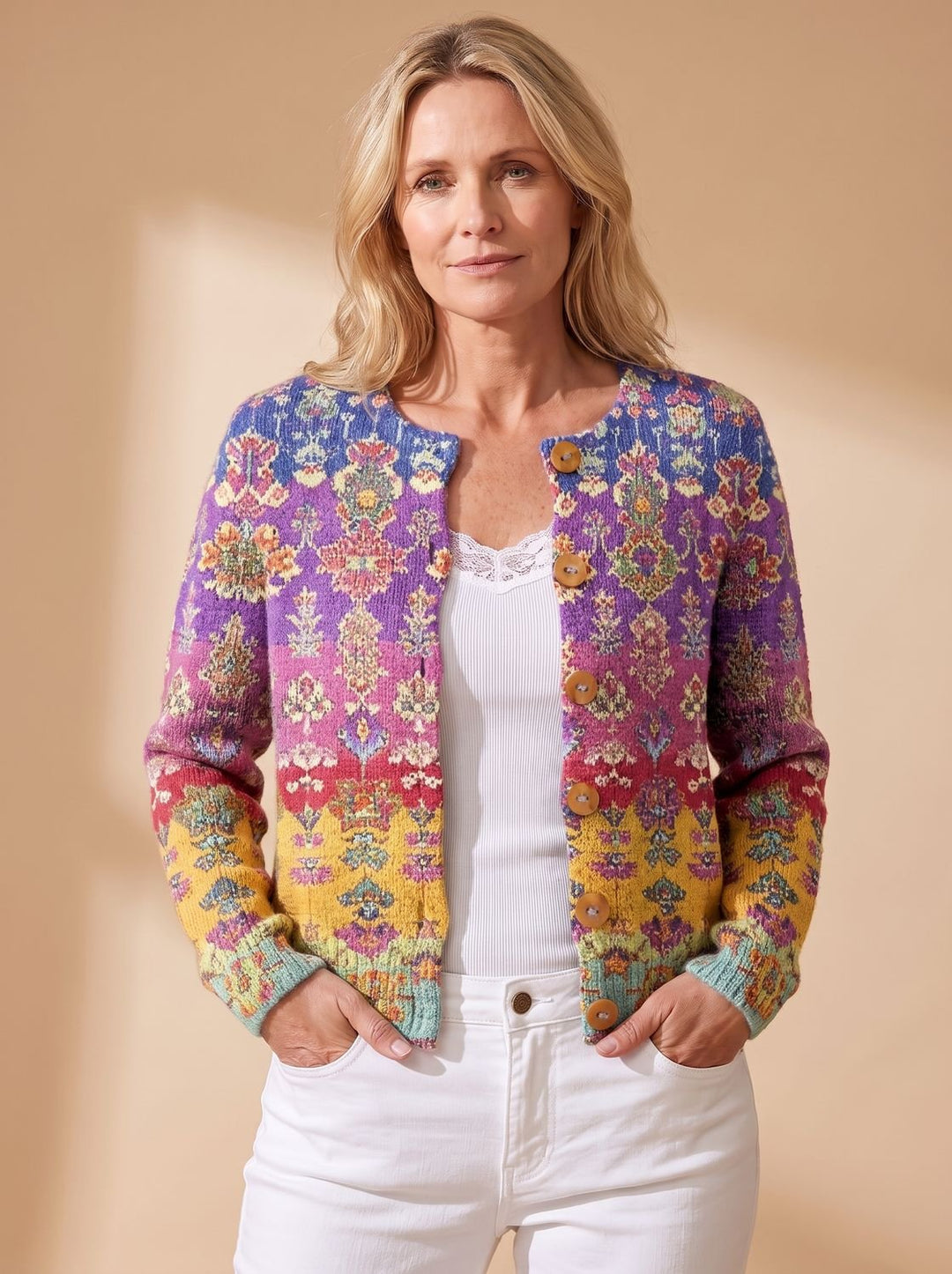 Damen Floraler Langarm-Strickjacke mit Knopfleiste und Rundhalsausschnitt
