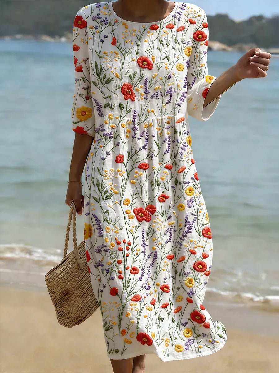 Damen Florales Lockeres Midi-Maxikleid mit 3/4-Ärmeln