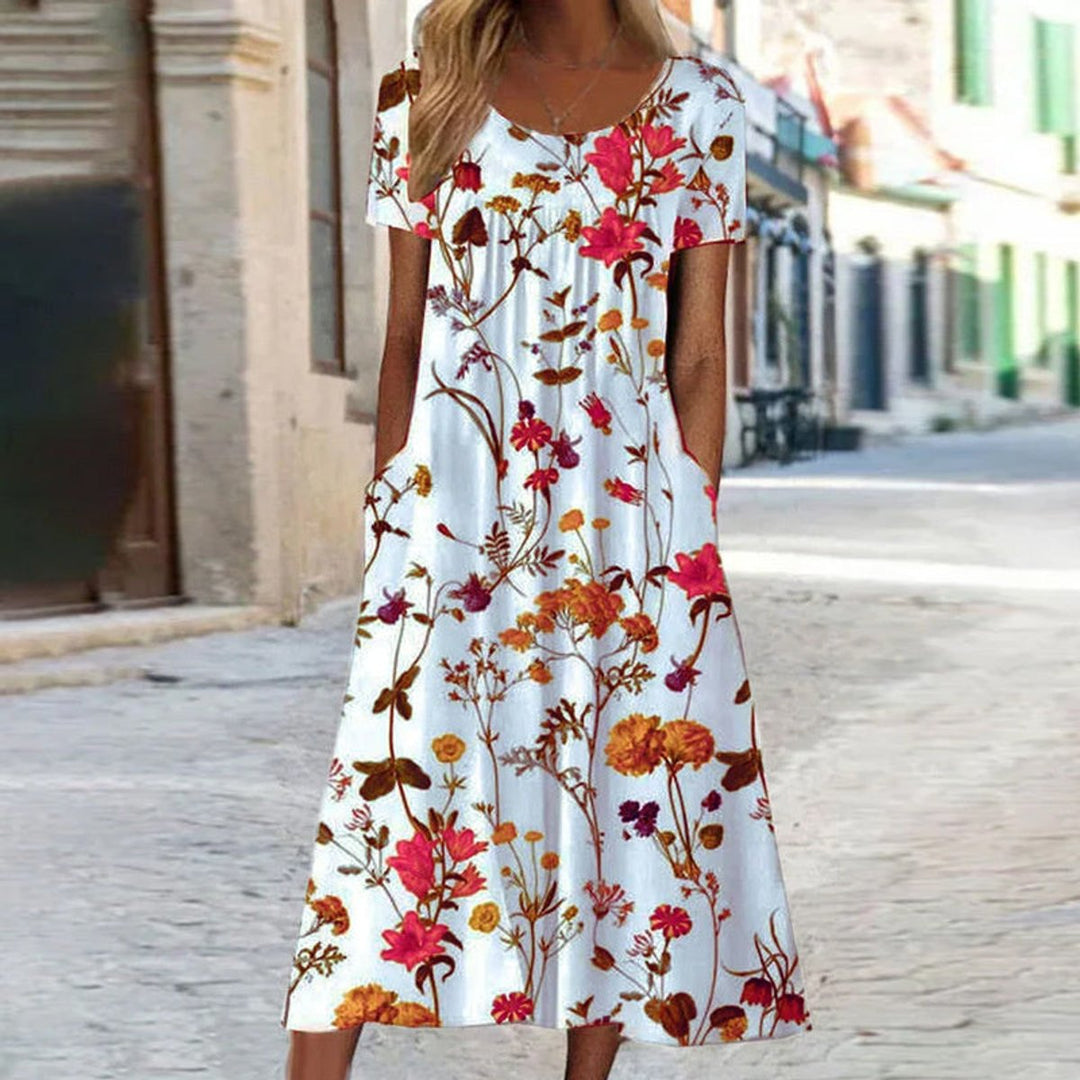 Damen Florales Midi-Sommerkleid Kurzarm Bauchkaschierend - Rot