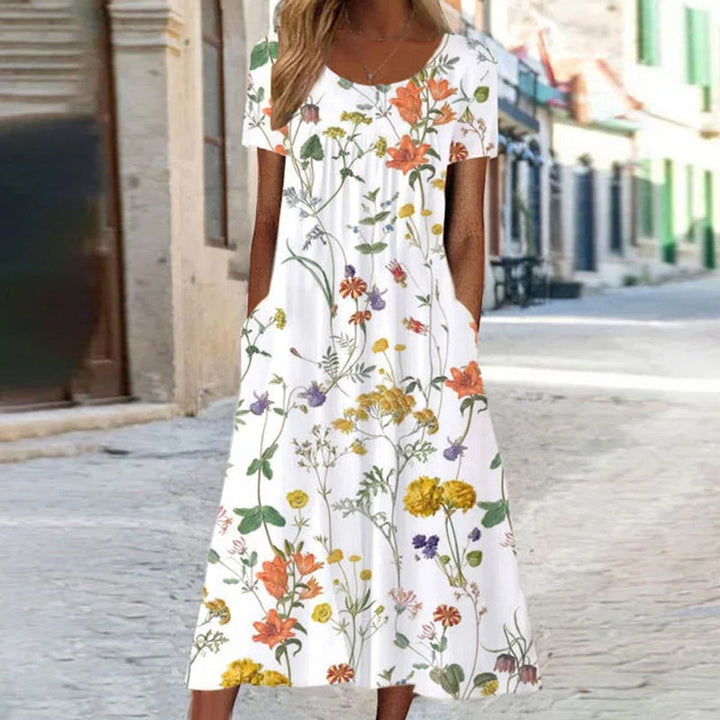 Damen Florales Midi-Sommerkleid Kurzarm Bauchkaschierend - Weiß