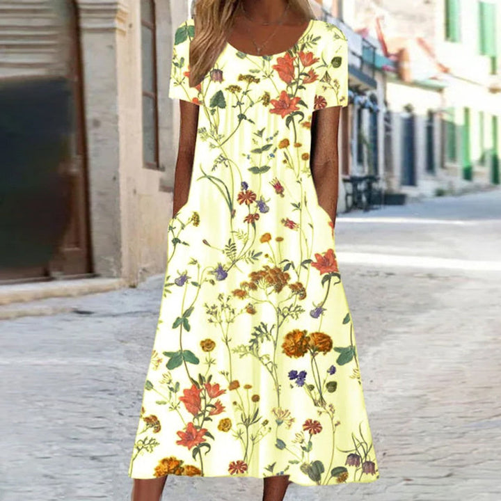 Damen Florales Midi-Sommerkleid Kurzarm Bauchkaschierend - Gelb