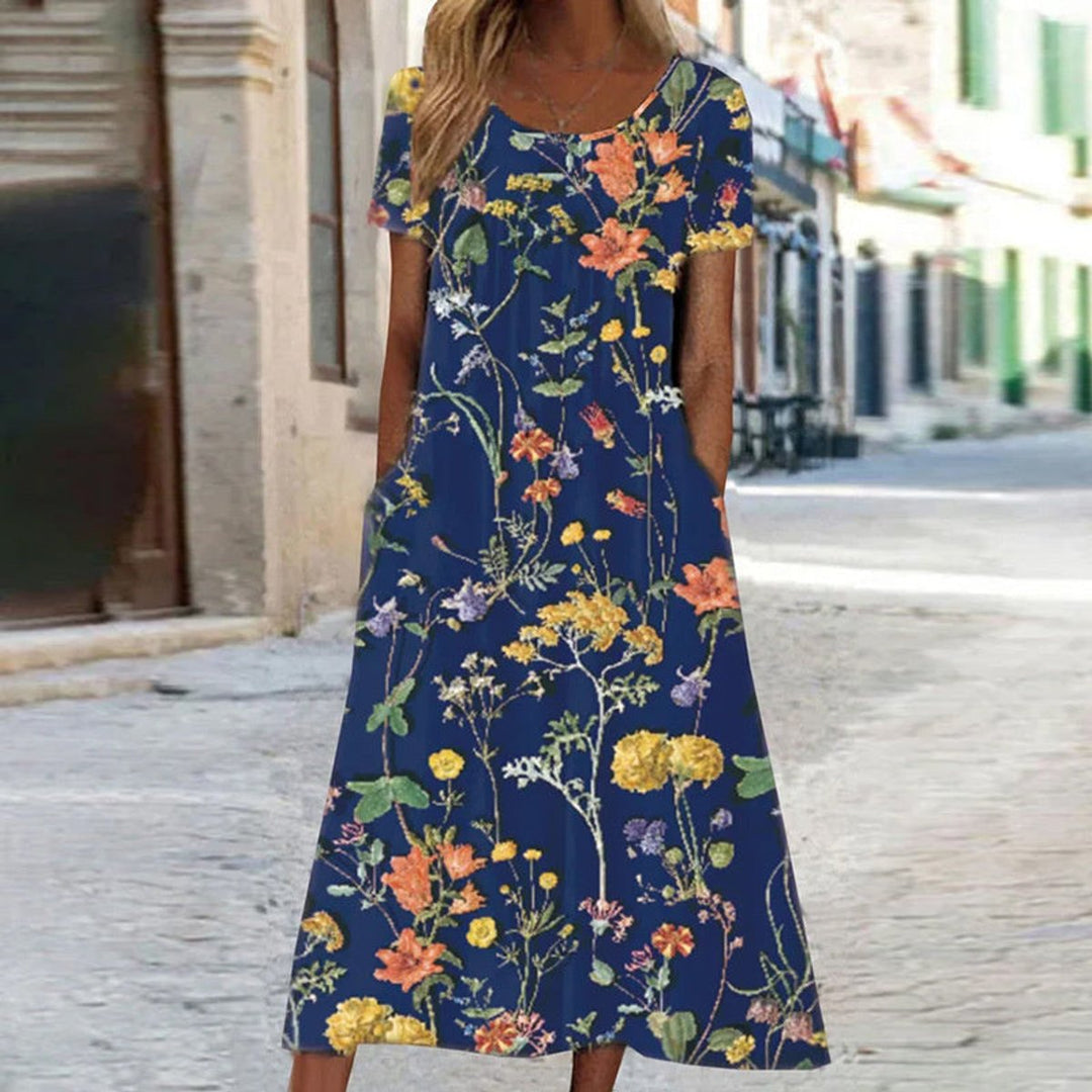 Damen Florales Midi-Sommerkleid Kurzarm Bauchkaschierend - Dunkelblau