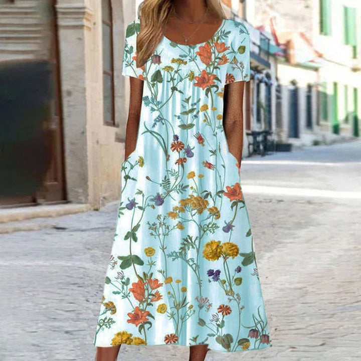 Damen Florales Midi-Sommerkleid Kurzarm Bauchkaschierend - Hellblau