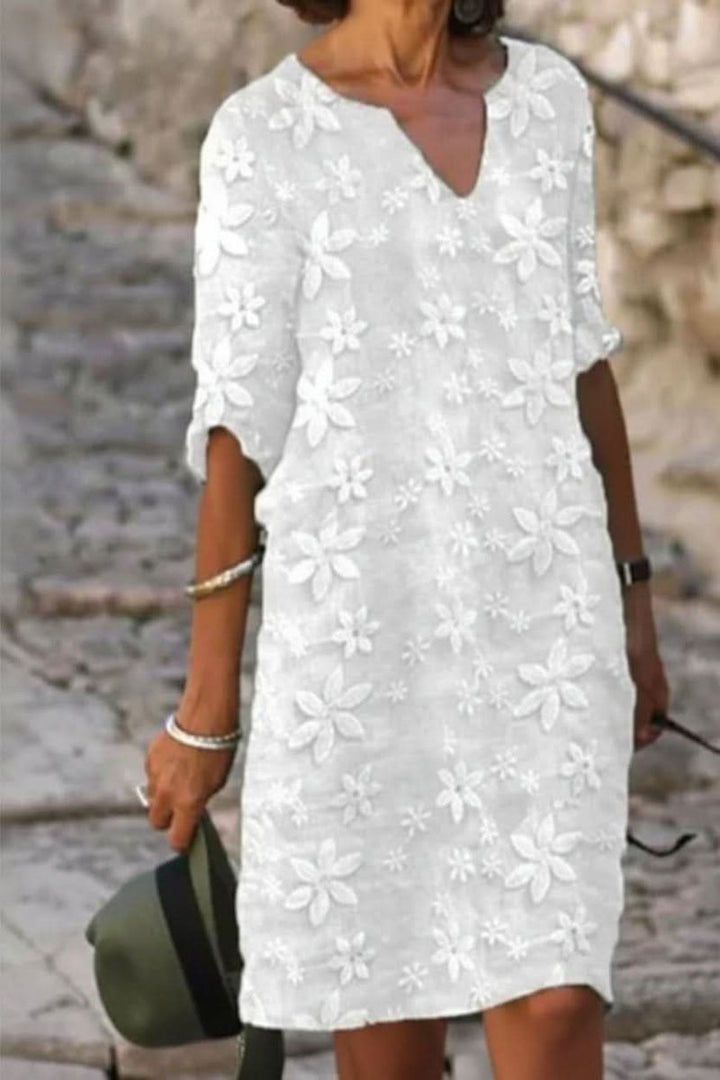 Damen Florales V-Ausschnitt Midi-Sommerkleid - White