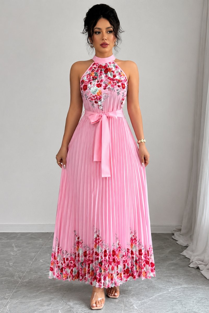 Damen Geblümtes Plissee-Neckholder Midi-Kleid - Pink