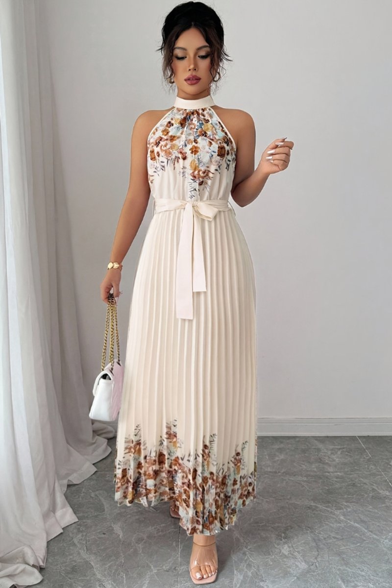 Damen Geblümtes Plissee-Neckholder Midi-Kleid - Apricot