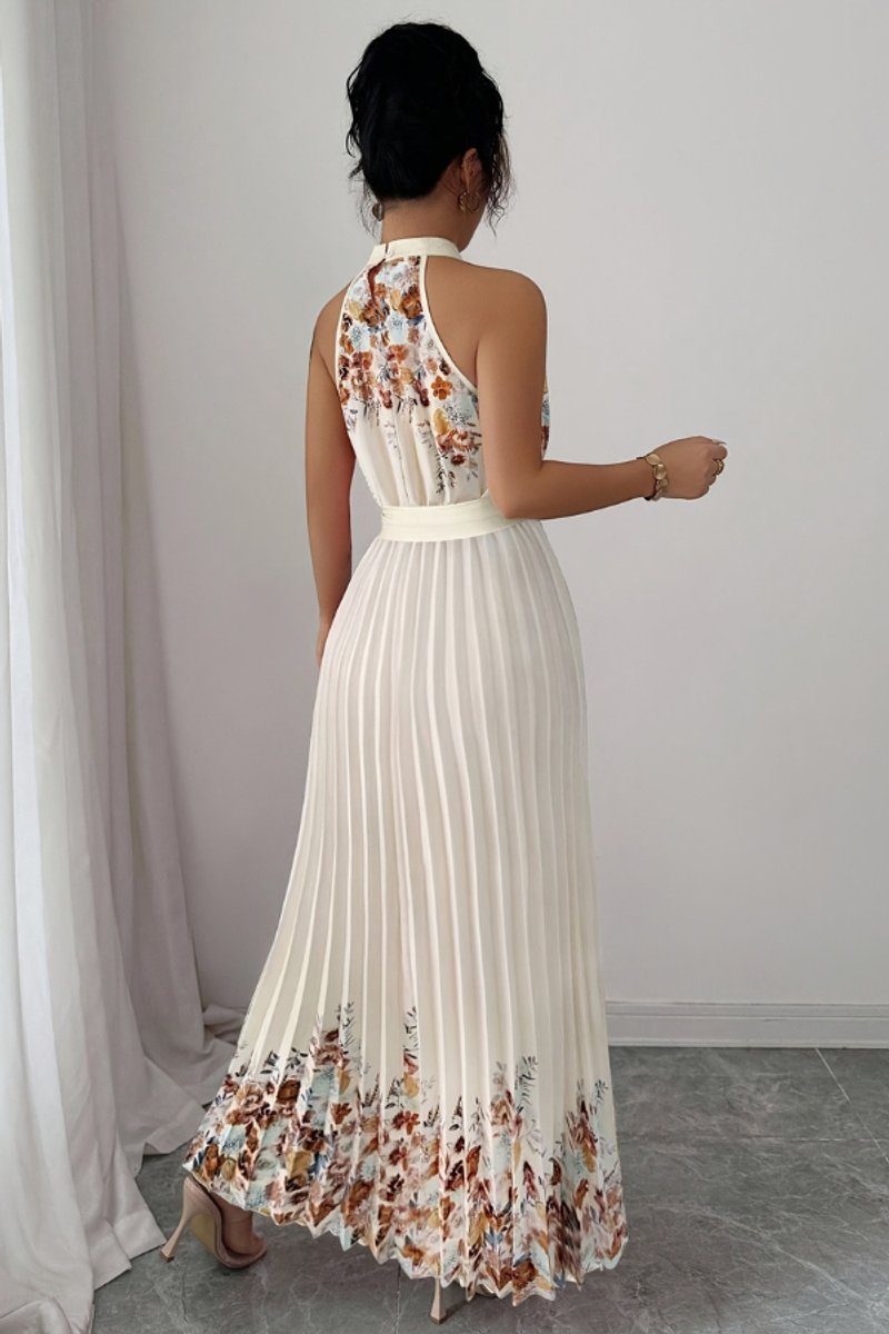 Damen Geblümtes Plissee-Neckholder Midi-Kleid