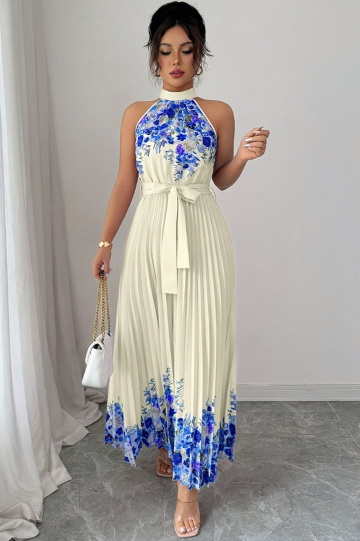 Damen Geblümtes Plissee-Neckholder Midi-Kleid - Blue Floral