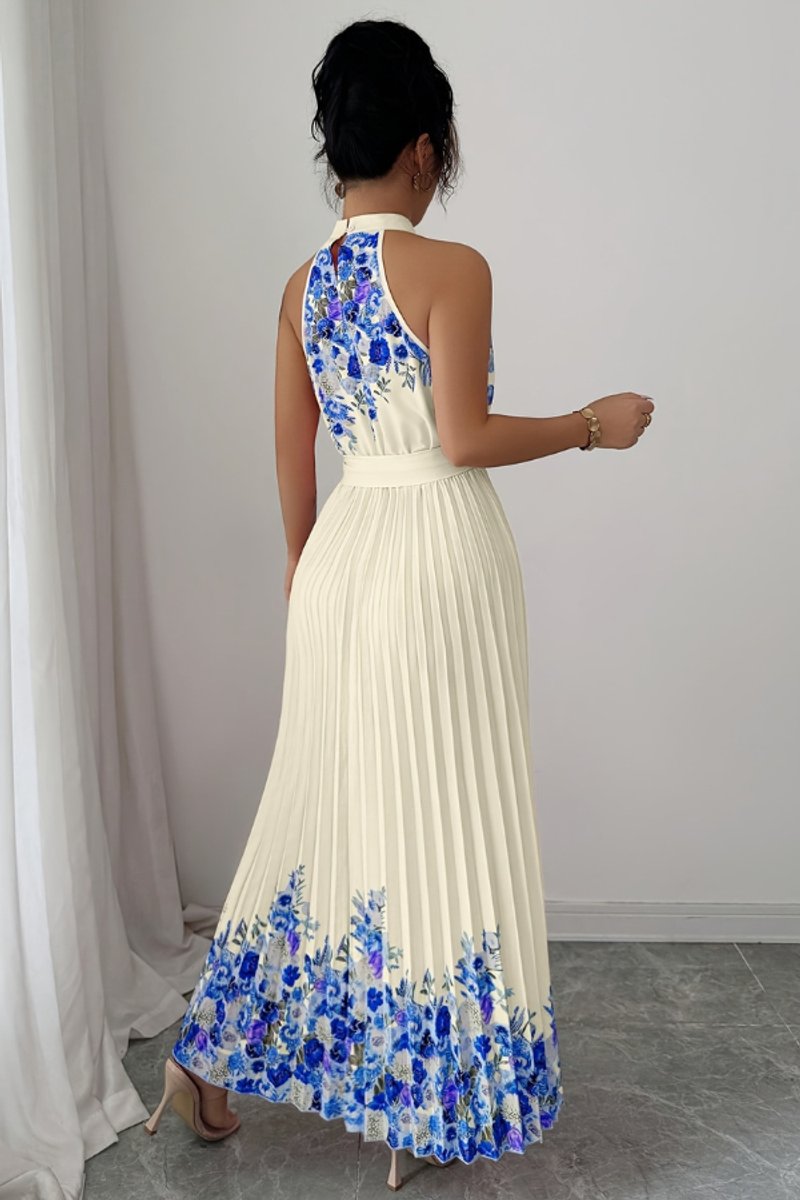 Damen Geblümtes Plissee-Neckholder Midi-Kleid