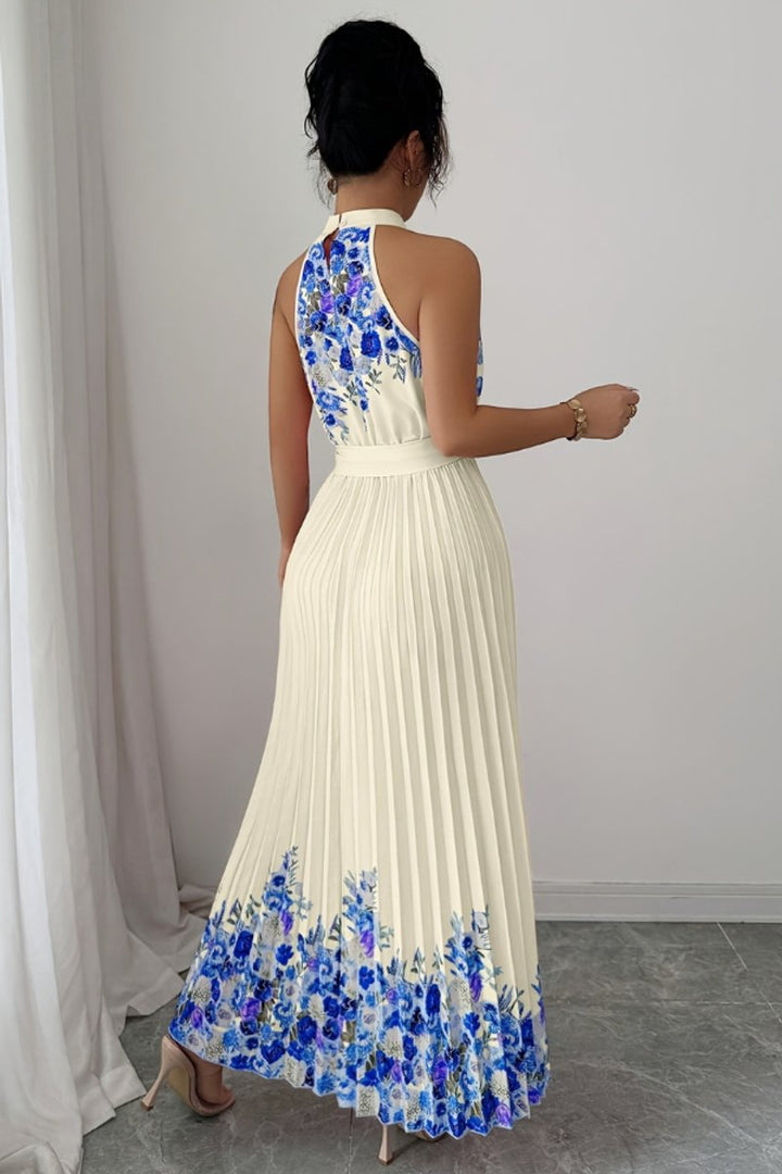 Damen Geblümtes Plissee-Neckholder Midi-Kleid
