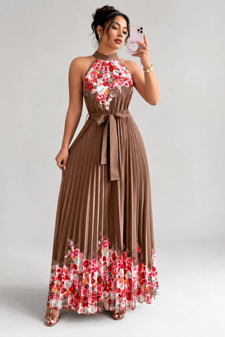 Damen Geblümtes Plissee-Neckholder Midi-Kleid - Coffee Brown