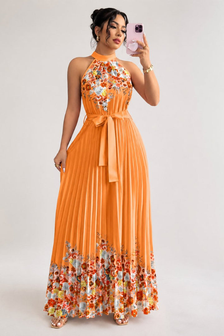 Damen Geblümtes Plissee-Neckholder Midi-Kleid - Orange