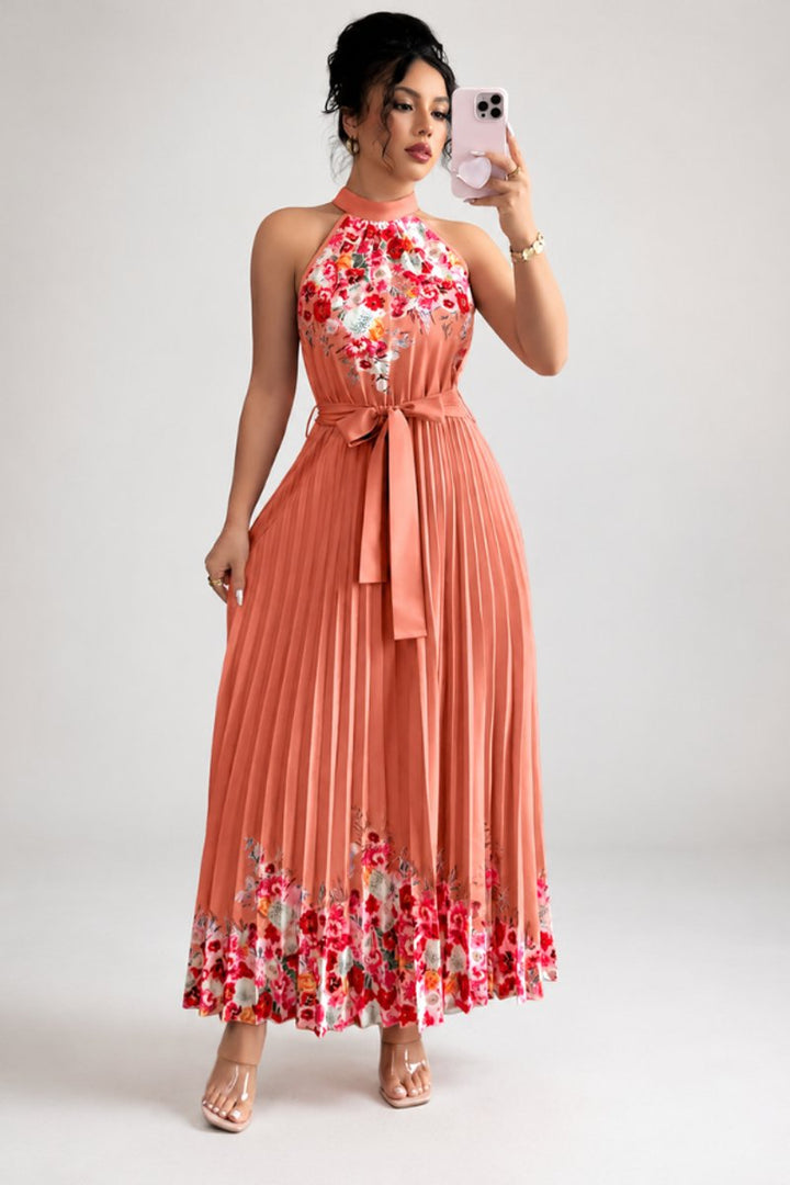 Damen Geblümtes Plissee-Neckholder Midi-Kleid - Watermelon Red