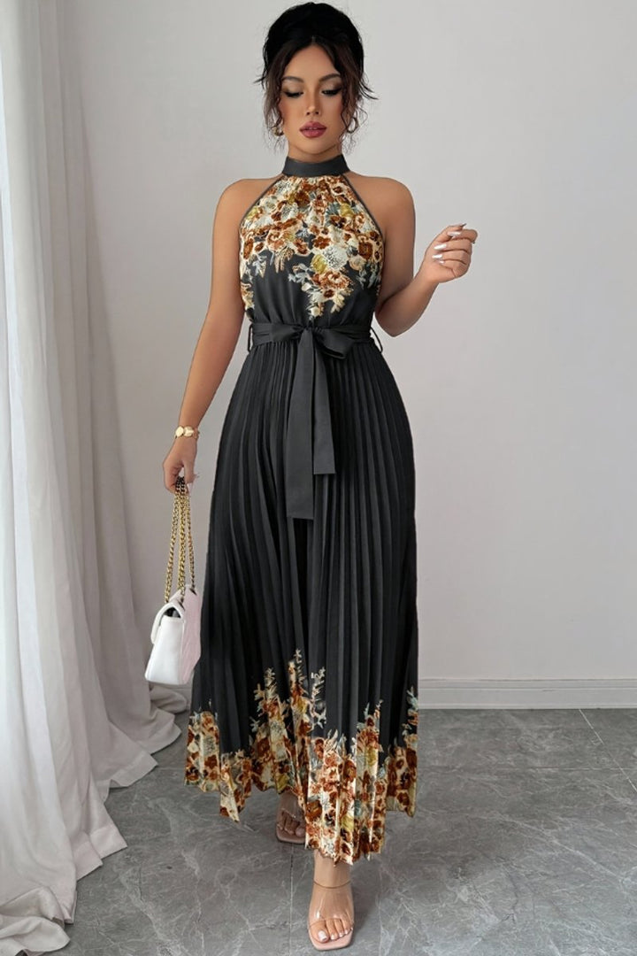 Damen Geblümtes Plissee-Neckholder Midi-Kleid - Black Bottom Coffee Flower