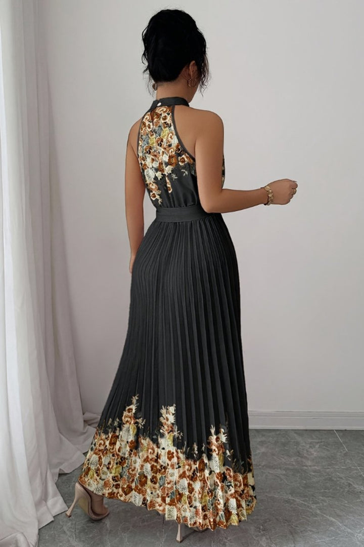 Damen Geblümtes Plissee-Neckholder Midi-Kleid