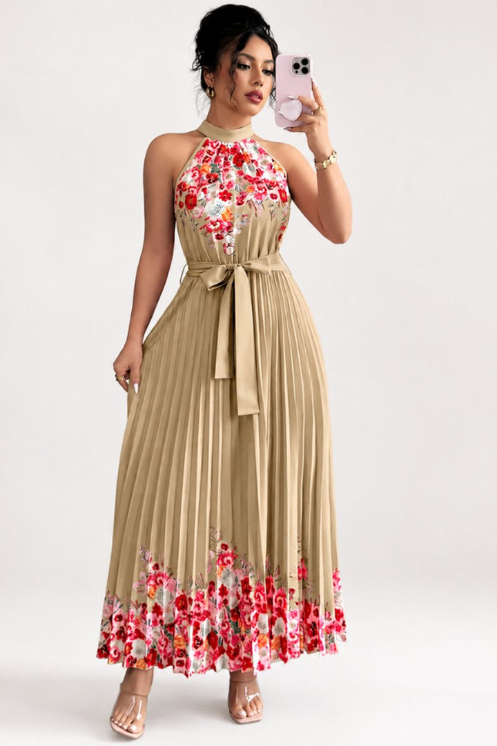 Damen Geblümtes Plissee-Neckholder Midi-Kleid - Khaki