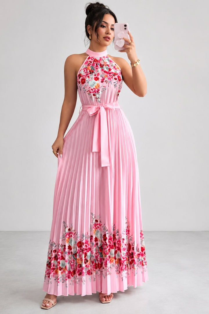 Damen Geblümtes Plissee-Neckholder Midi-Kleid
