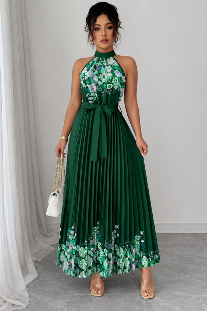 Damen Geblümtes Plissee-Neckholder Midi-Kleid - Dark Green