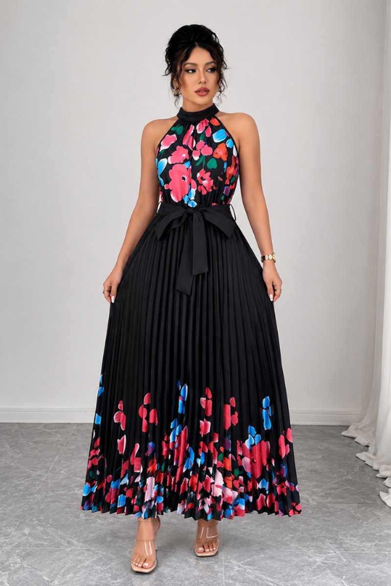 Damen Geblümtes Plissee-Neckholder Midi-Kleid - Black