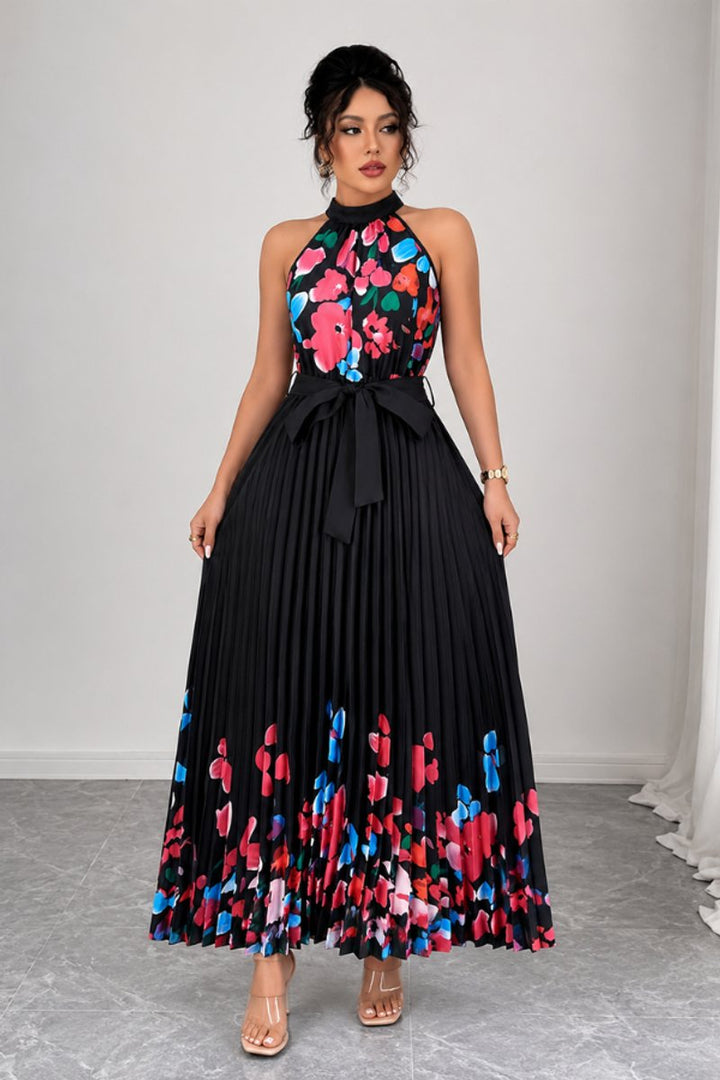 Damen Geblümtes Plissee-Neckholder Midi-Kleid - Black
